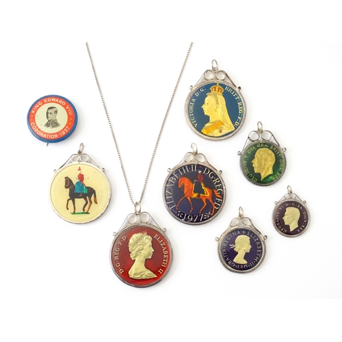 826 - Seven enamel coin formed pendants / fobs in captive mounts depicting various monarchs. Together with... 