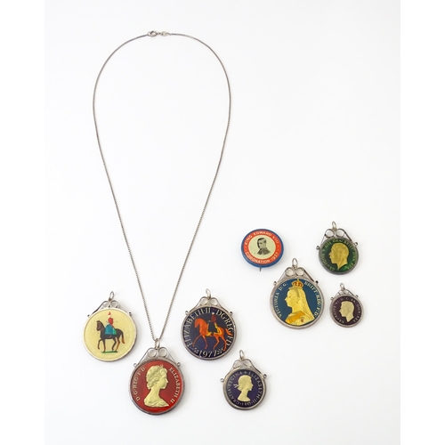 826 - Seven enamel coin formed pendants / fobs in captive mounts depicting various monarchs. Together with... 