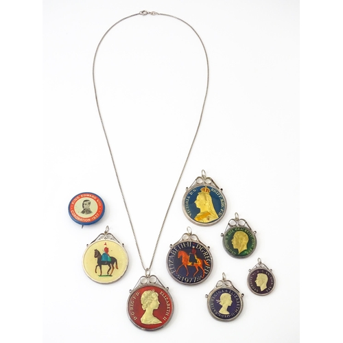 826 - Seven enamel coin formed pendants / fobs in captive mounts depicting various monarchs. Together with... 