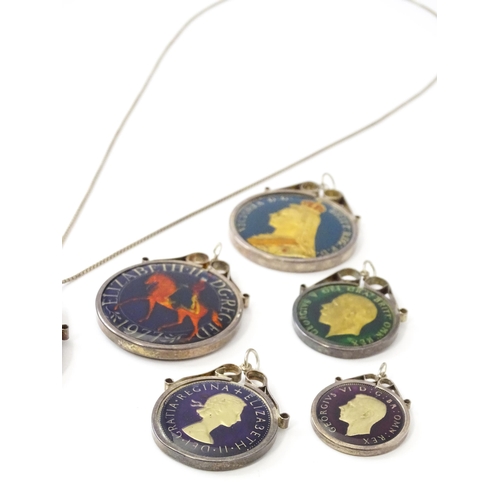 826 - Seven enamel coin formed pendants / fobs in captive mounts depicting various monarchs. Together with... 