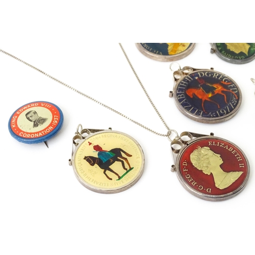 826 - Seven enamel coin formed pendants / fobs in captive mounts depicting various monarchs. Together with... 