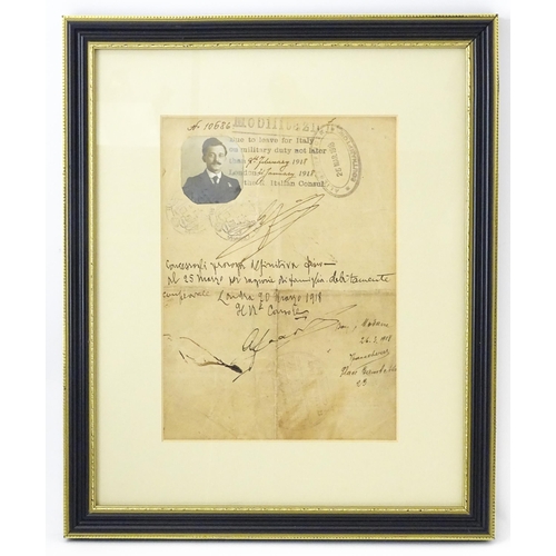 840 - Militaria , WWI / World War 1 / First World War / WW1 : a framed mobilization document of an Italian... 