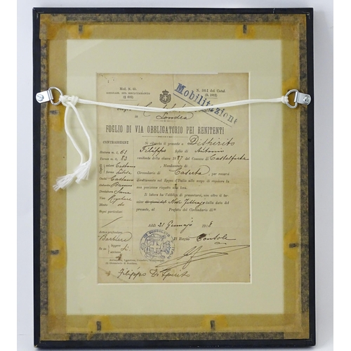 840 - Militaria , WWI / World War 1 / First World War / WW1 : a framed mobilization document of an Italian... 