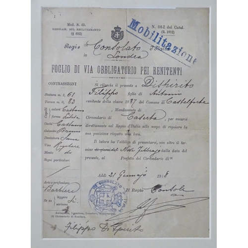 840 - Militaria , WWI / World War 1 / First World War / WW1 : a framed mobilization document of an Italian... 