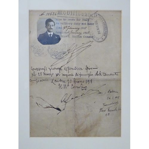 840 - Militaria , WWI / World War 1 / First World War / WW1 : a framed mobilization document of an Italian... 