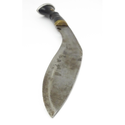 847 - An early 20thC Kukri / Khukuri knife and sheath, the steel blade with double fuller and carved horn ... 