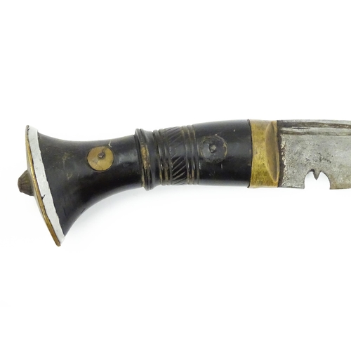 847 - An early 20thC Kukri / Khukuri knife and sheath, the steel blade with double fuller and carved horn ... 