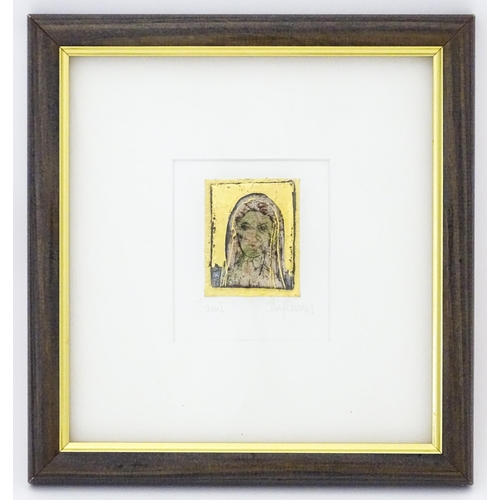 1057 - A 20th / 21stC ceramic icon style plaque depicting a religious figure with crackle glaze and gilt de... 