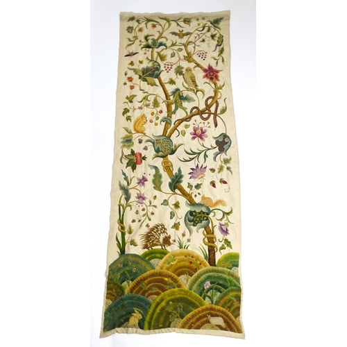 1095 - A large early 20thC Arts & Crafts crewelwork embroidery with tree of life design with flowers, folia... 