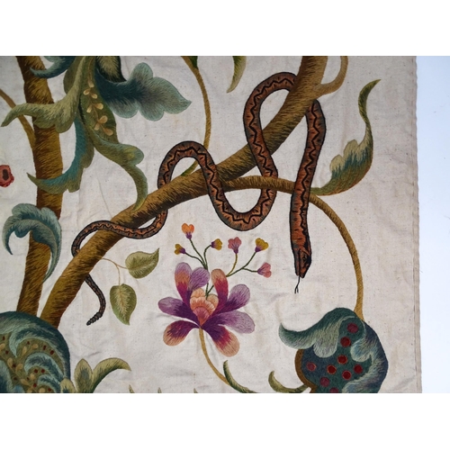 1095 - A large early 20thC Arts & Crafts crewelwork embroidery with tree of life design with flowers, folia... 