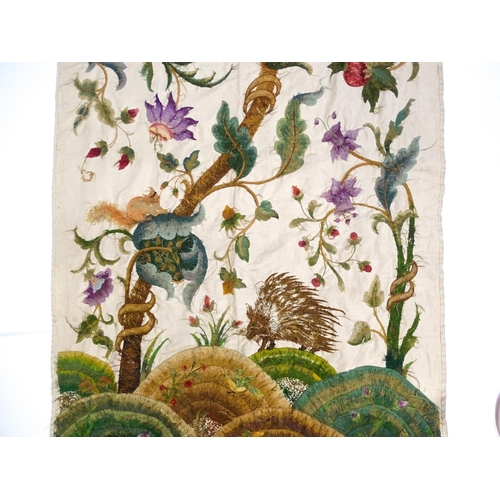 1095 - A large early 20thC Arts & Crafts crewelwork embroidery with tree of life design with flowers, folia... 