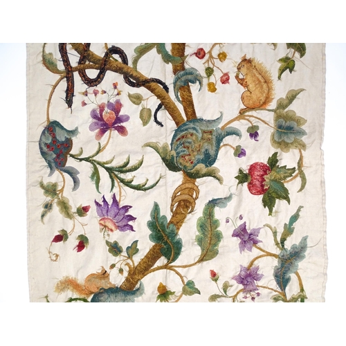 1095 - A large early 20thC Arts & Crafts crewelwork embroidery with tree of life design with flowers, folia... 