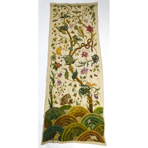 1095 - A large early 20thC Arts & Crafts crewelwork embroidery with tree of life design with flowers, folia... 