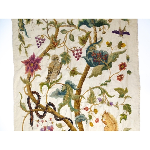 1095 - A large early 20thC Arts & Crafts crewelwork embroidery with tree of life design with flowers, folia... 