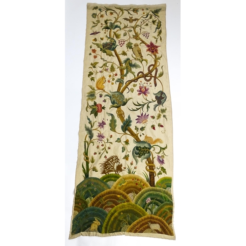 1095 - A large early 20thC Arts & Crafts crewelwork embroidery with tree of life design with flowers, folia... 