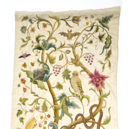 1095 - A large early 20thC Arts & Crafts crewelwork embroidery with tree of life design with flowers, folia... 