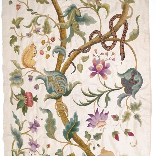 1095 - A large early 20thC Arts & Crafts crewelwork embroidery with tree of life design with flowers, folia... 