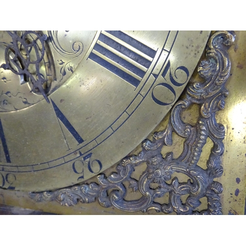 1389 - Local interest : A brass faced 30 hour long case clock the dial with Roman Chapter ring and Arabic s... 