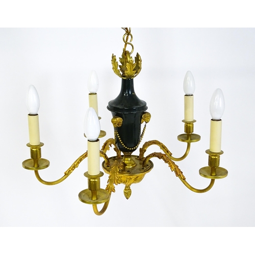 1434 - A pendant chandelier / electrolier with central green tole peinte style urn with rams head and swag ... 