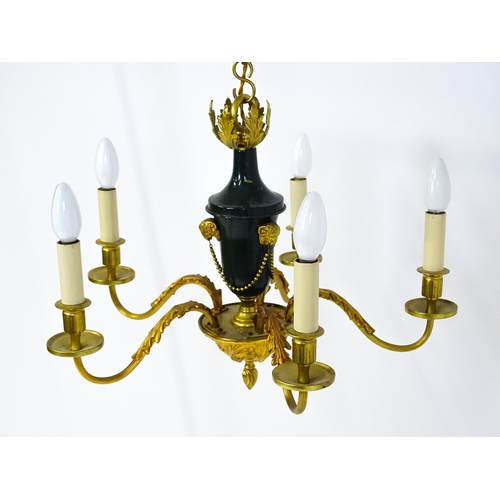 1434 - A pendant chandelier / electrolier with central green tole peinte style urn with rams head and swag ... 