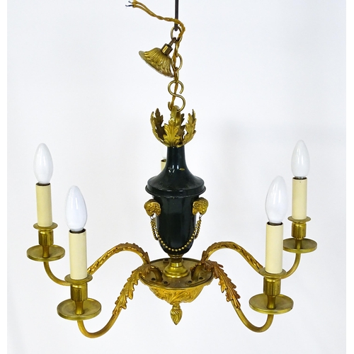 1434 - A pendant chandelier / electrolier with central green tole peinte style urn with rams head and swag ... 