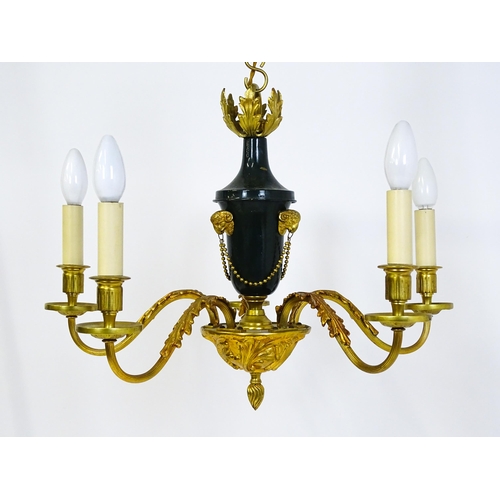 1434 - A pendant chandelier / electrolier with central green tole peinte style urn with rams head and swag ... 