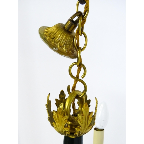 1434 - A pendant chandelier / electrolier with central green tole peinte style urn with rams head and swag ... 