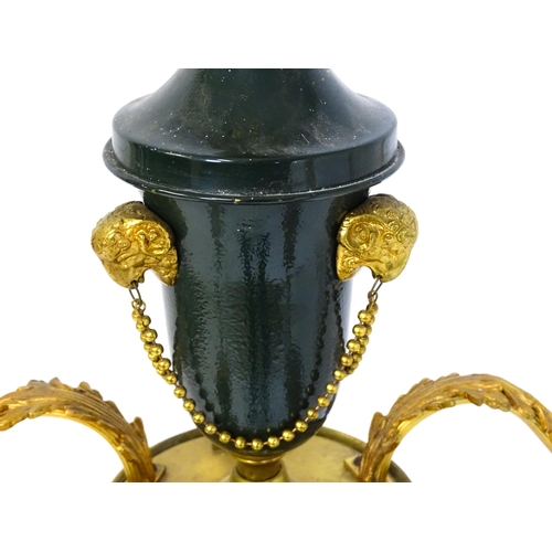 1434 - A pendant chandelier / electrolier with central green tole peinte style urn with rams head and swag ... 