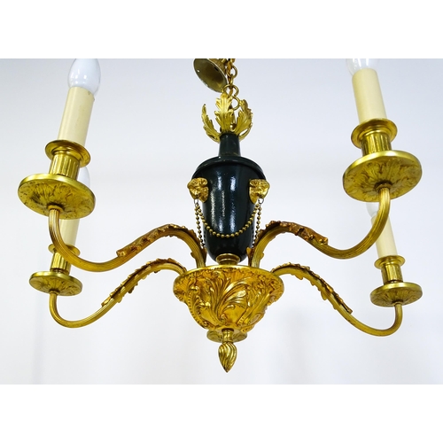 1434 - A pendant chandelier / electrolier with central green tole peinte style urn with rams head and swag ... 