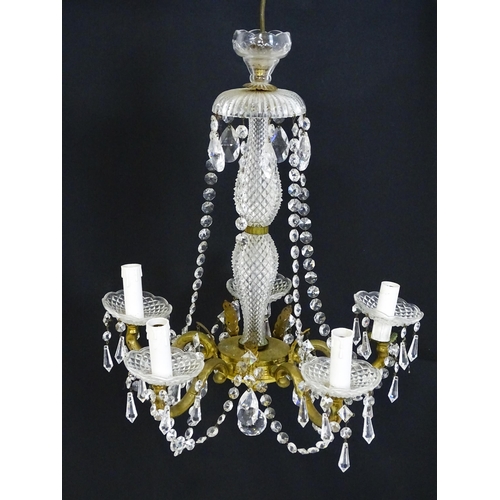 1436 - A pendant chandelier / electrolier with cut glass detail and lustre drops, with five acanthus scroll... 