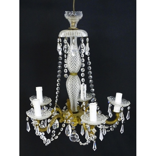 1436 - A pendant chandelier / electrolier with cut glass detail and lustre drops, with five acanthus scroll... 