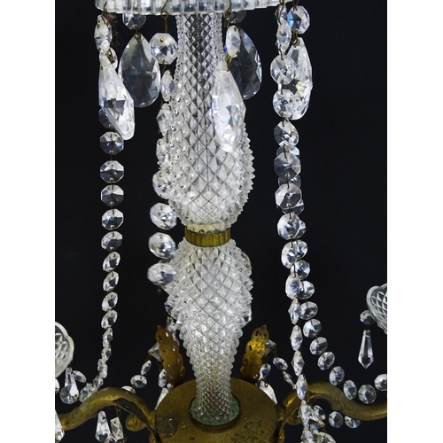 1436 - A pendant chandelier / electrolier with cut glass detail and lustre drops, with five acanthus scroll... 