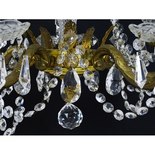 1436 - A pendant chandelier / electrolier with cut glass detail and lustre drops, with five acanthus scroll... 