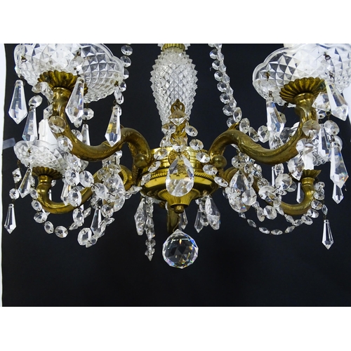 1436 - A pendant chandelier / electrolier with cut glass detail and lustre drops, with five acanthus scroll... 