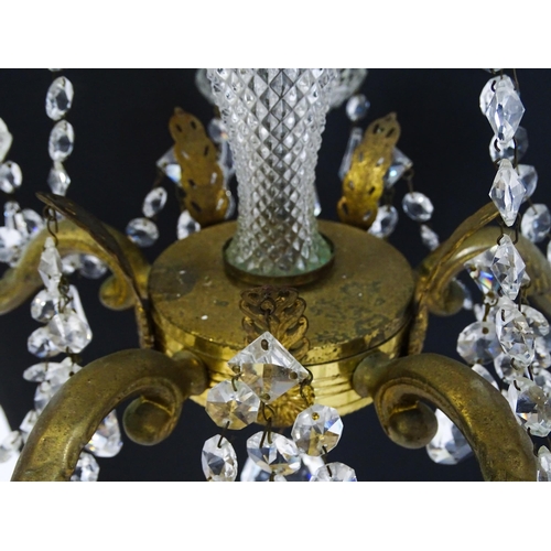 1436 - A pendant chandelier / electrolier with cut glass detail and lustre drops, with five acanthus scroll... 