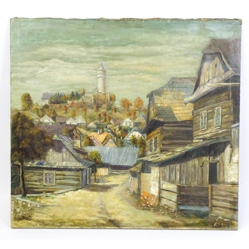 1642 - J. Borsky, Early 20th century, Czech School, Oil on canvas, Stramberk, A townscape depicting the cas... 