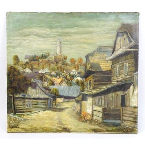 1642 - J. Borsky, Early 20th century, Czech School, Oil on canvas, Stramberk, A townscape depicting the cas... 