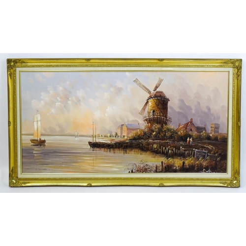 1645 - Baillie, 20th century, Continental School, Oil on canvas, A Dutch coastal scene with a windmill. Sig... 