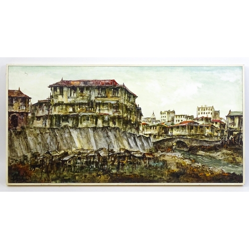 1659 - 20th century, Continental School, Oil on canvas, A river scene with buildings and a bridge. Indistin... 