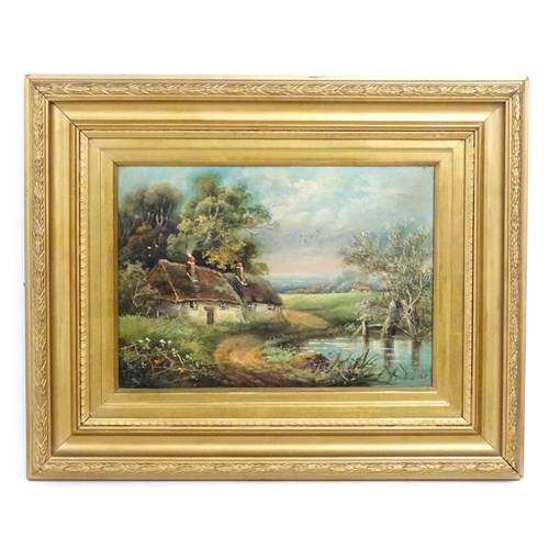 1672 - J. Lucas, 20th century, Oil on canvas, A country landscape with cottages by a pond. Signed lower rig... 