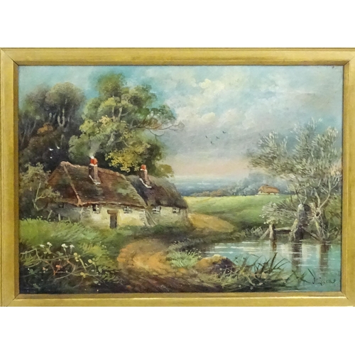 1672 - J. Lucas, 20th century, Oil on canvas, A country landscape with cottages by a pond. Signed lower rig... 