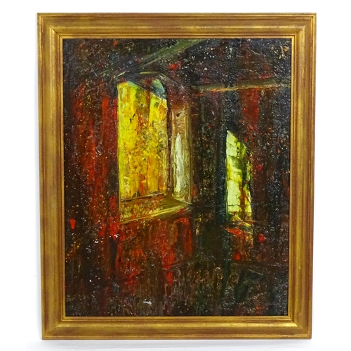 1673 - 20th century, Oil on board, An abstract interior scene with window and beams. Approx. 20 1/4