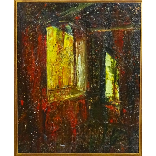 1673 - 20th century, Oil on board, An abstract interior scene with window and beams. Approx. 20 1/4