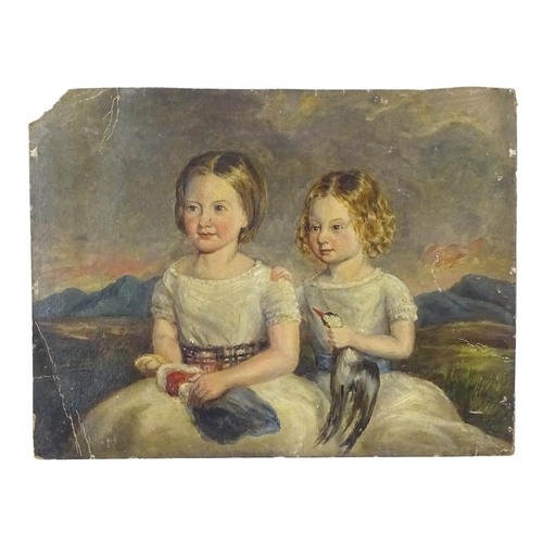 1691 - Victorian School, Oil on board, Sisters, A portrait of two young girls with a Scottish landscape bac... 