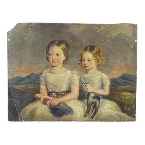 1691 - Victorian School, Oil on board, Sisters, A portrait of two young girls with a Scottish landscape bac... 