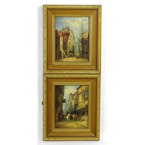 1694 - Late 19th / early 20th century, Oil on board, A pair of street scenes comprising figures in a cathed... 