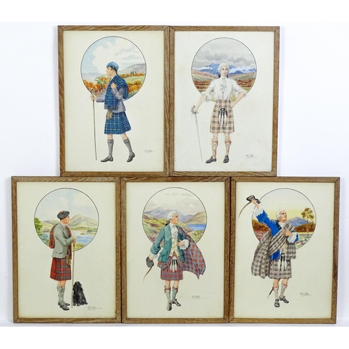 1750 - Early 20th century, Scottish School, Watercolours, A set of five watercolours depicting Clans of the... 