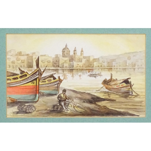 1752 - Charles Palmier, Maltese School, Watercolour, A view of a Malta port with fishermen tending his nets... 