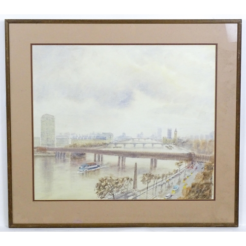 1787 - Phillip Fooks, 20th century, Watercolour, London Skyline in Winter, A view of the River Thames. Sign... 