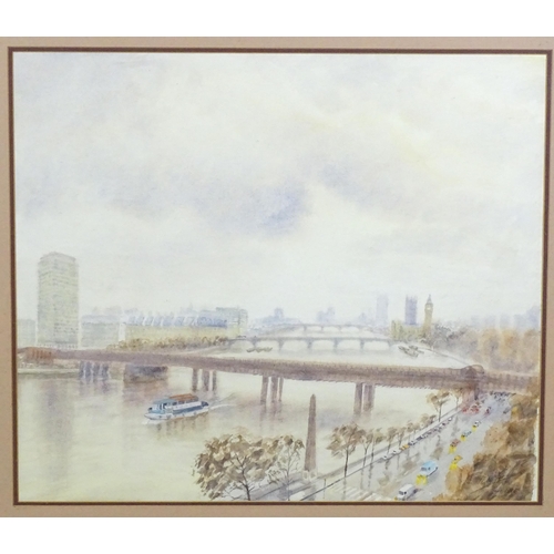 1787 - Phillip Fooks, 20th century, Watercolour, London Skyline in Winter, A view of the River Thames. Sign... 